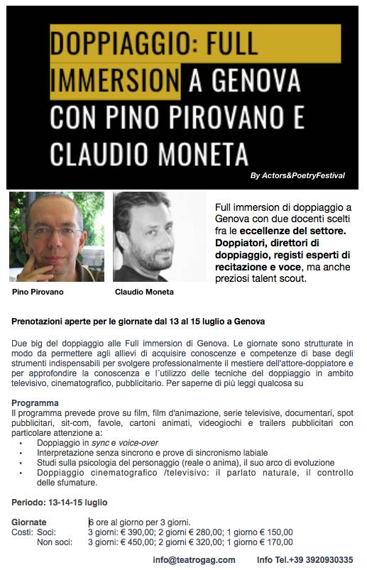 Doppiaggio, 3 giorni di full immersion con Pino Pirovano e Claudio Moneta