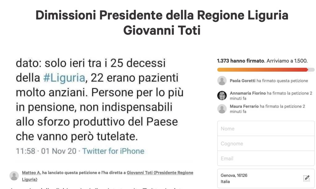 petizione change raccolta firme dimissioni Toti