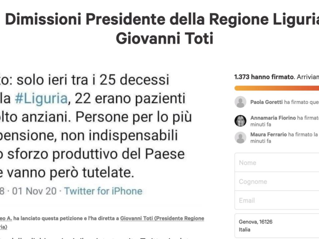 petizione change raccolta firme dimissioni Toti